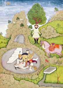 巨大なクライヴアルバムのアブシャルカシムマヌールフィルダウシ（c.934-c.1020）作の「Shahnama」（Books of Kings）のロスタムがホワイトデーモンを殺す 作： Indian School