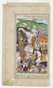 ロスタムは中国のカーカンを投げ縄にし、彼を彼の白い象から引きずりました、c.1790（不透明な水彩と金） 作： Indian School