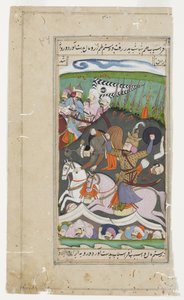 ラスタムはベルトでアフラシアブをサドルから持ち上げます、1790年頃（不透明なトイレとゴールド） 作： Indian School