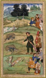 サリム、ライフルを持って死んだニルガイに身振りをする、1600年頃（紙に不透明なトイレと金）