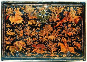 17世紀の貴族の狩猟を描いた書棚の側面（漆木材） 作： Indian School