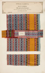 1866年に出版されたジョンフォーブスワトソンによるインドの織物製造業者のコレクションからのシンドのハイデラバードからの絹と綿のロンジーサンプル 作： Indian School