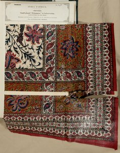 1866年に出版されたジョンフォーブスワトソンによる「インドの繊維製造業者のコレクション」からのマドラスのマスリパタムからの小さな艶をかけられたパランポアまたはベッドカバーのサンプル