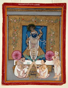 クリシュナの礼拝シュリナートジー、1800-25（紙に不透明なトイレと金） 作： Indian School