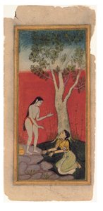 賢者に嘆願する天体のニンフ、1600年頃（紙に不透明なトイレと金） 作： Indian School