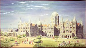 チャトラパティシヴァージーターミナスステーション、インド、ムンバイ、1900（紙にボディカラー） 作： Indian School