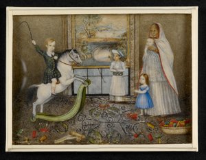 サー・ジョンとレディ・ログインの子供たちとアヤとインディアンの遊び仲間、1846年頃（象牙に水彩） 作： Indian School
