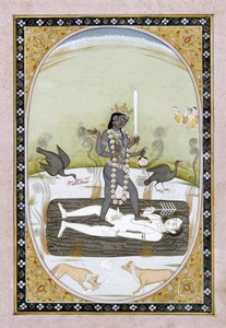 カングラの絵画、ヒマーチャルプラデーシュ州、1820-5年頃に描かれた女神カーリー（紙に不透明な水彩画と金の絵の具） 作： Indian School