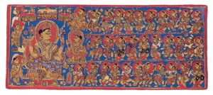 インドラの天国の裁判所、「Devasanaparo Bhandar」Kalpasutra、c.1475（不透明な水彩画と紙に金）