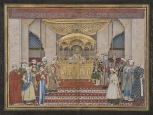 1839年、ダルバールのムガル帝国皇帝バハドゥルシャーII（紙に不透明なトイレと金） 作： Indian School