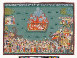 Madhavrao Peshwaの妻であるラマバイのサティ、1772-75年頃（紙に水彩と金） 作： Indian School