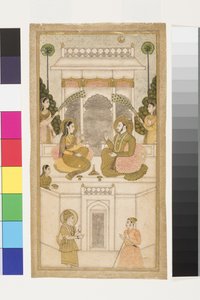 ゴルコンダのスルタン、Quli Qutb Shah、彼の配偶者と一緒に座った、1700-25（紙に不透明なトイレと金） 作： Indian School