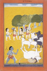 若いクリシュナは子牛のガイズに来た悪魔ヴァツァースラを殺す、c.1730-1740 作： Indian School