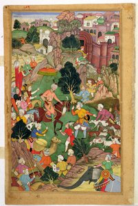 ハザラ人の羊の捕獲（ムガル帝国の「バブラーナマ」（「バブールの回想録」）より）。 作： Indian School
