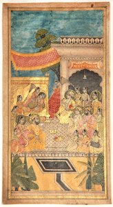 ジャルワ式でのタナシャーの結婚、1679年（不透明なトイレと紙の上の金） 作： Indian School