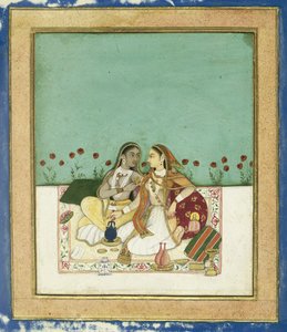 1700年以降のテラスでの2人の女性（不透明なトイレと紙の上の金） 作： Indian School