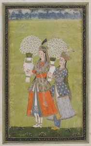 2人の女性が花を運ぶ、19世紀の絵画付きデタッチアルバムフォリオ 作： Indian School