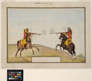 ライフルの火を交換する2人の騎乗兵士、1830年頃（不透明な水彩画と紙に金）