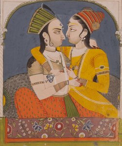 恋人たちがアルコーブで抱きしめるドリンクを共有する2人の女王、c.1780（紙に不透明なトイレと金） 作： Indian School