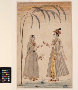 木の下にいる2人の女性、1750年頃（不透明な水彩画と紙に金色） 作： Indian School