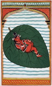 ヴィシュヌ（ナラヤン）：バラモン教の三大神の中で2番目に偉大な神で、その誕生は18世紀のリトグラフである。 作： Indian School