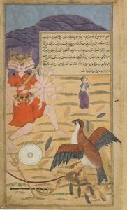 Vol.1 fol.132ハゲタカジャタヤスがシタスの嘆願を聞き、ラーヴァナと戦います（不透明な水彩、インク、紙の上の金） 作： Indian School