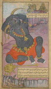 Vol.2 fol.208 Kumbhakarnaが眠りから覚醒するとあくびをする（不透明な水彩、インク、紙の上の金） 作： Indian School
