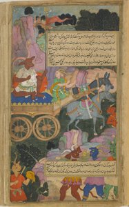 Vol.2 fol.216クンバカルナが戦車に参戦（不透明な水彩、インク、紙の上の金） 作： Indian School