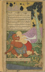 Vol.2 fol.220 Sugrivaは、Kumbhakarna（不透明な水彩画、インク、紙の上の金）の突然の切断によって自由を得ました。 作： Indian School