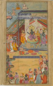 Vol.2 fol.285ラマ兄弟とその同盟国は、神々が高価な贈り物（不透明な水彩画、インク、紙の上の金）を生み出す彼のインスタレーションに付き添う。 作： Indian School