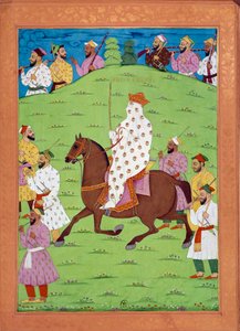 シャー・アレムの宮廷に向かう王妃に仕える女性 ニッコロ・マヌッチ（1638-1717）の「タメルタンテからオラングレーブまでのインドの歴史」に掲載されているインド・ペルシャの細密画。B.N., Paris. 作： Indian School