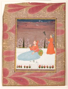 チャウリの付き添いのあるテラスに座っている女性、1735年頃（不透明なトイレと紙に金） 作： Indian School