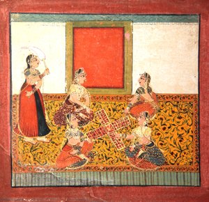 黄色い模様の床に座ったパルチージを演奏する女性たち、1725年頃（不透明なトイレと紙に金色） 作： Indian School