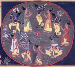 fol.142v ドゥルガチャリア作「ブラフマ・ヴァイヴァルタ・プラーナのブラフマ・カンダ」より、ダンサーとミュージシャンの輪 作： Indian School