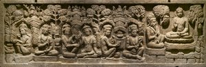 アラダカラマは彼の教えを未来の仏陀に伝えます。インドネシア、ジャワ、ボロドゥル。 19世紀の終わり