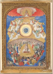 1530年以降の時間の本からの聖なる名前の崇拝が書かれた写本の葉。 作： Influence of Simon Bening