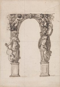 Projeto para um arco temporário ornamentado com Putti e figuras alegóricas de música e guerra 作： Inigo Jones