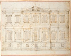 1619年頃、ホワイトホールの宴会場の最終デザインの立面図（紙にペンとインク 作： Inigo Jones