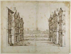 ロンドンとテムズ川を遠望するイギリスの家々（紙にペンとインク 作： Inigo Jones