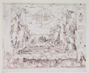 カロピスによる愛の勝利、シーンIIのドラフトデザイン：海の勝利 作： Inigo Jones