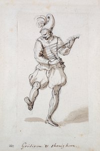 鉄板と靴べらを持つ男（紙にペンとインク 作： Inigo Jones