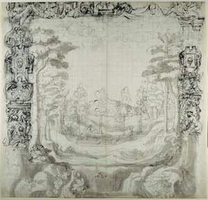 プロセニアムと狩りのシーン（紙にペンとインク 作： Inigo Jones