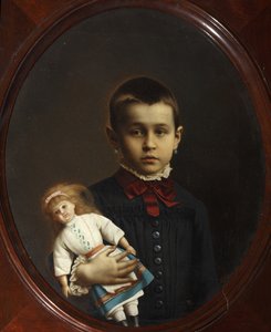 手に人形を持つ少女の肖像画 by Volkov, Iosif Petrovich (1854-after 1897). キャンバスに油彩 作： Iosif Petrovich Volkov