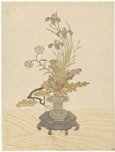 緑の花瓶の生け花アレンジ 作： Ippitsusai Bunchô (manner of)