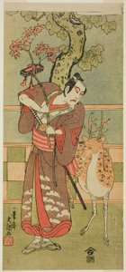 明和8年（1771）11月1日から中村座で上演された『日本の花 小野小町五人男』鹿を連れた五井庄宗貞役の二代目市川八百蔵。 作： Ippitsusai Bunchō
