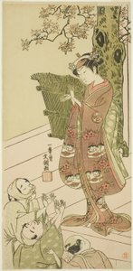 1768 年 11 月 1 日から中村座で上演された俳優、初代嵐ひなじ、おそらく今をさかり末広源氏の湯屋御前 作： Ippitsusai Bunchō
