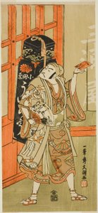 俳優松本幸四郎三代目、京の次郎として、1770 年、最初の月に中村座で上演された劇「鏡ヶ池面影蘇我」の外郎 (万能薬) の行商人に変装 作： Ippitsusai Bunchō