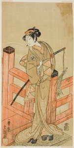 1770 年 6 月 (?) 中村座 (?) で上演された難波の女相撲 (?) で女相撲取りの大淀 (?) に変装した土屋梅川役の中村松江初代 作： Ippitsusai Bunchō