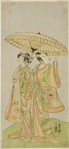 The Actors Ichikawa Komazo II as Chunagon Yukihira (right), and Iwai Hanshiro IV as Murasame (left), in the Play Kuni no Hana Ono no Itsumoji, Performed at the Nakamura Theater in the Eleventh Month, 1771 作： Ippitsusai Bunchō