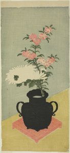 黒い花瓶に白い菊とピンク 作： Ippitsusai Bunchō